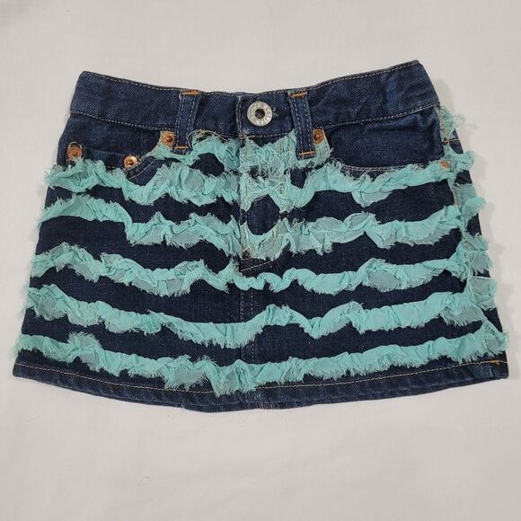 Nolita Size 4 Girls Mini Denim Skirt with Aqua Ruffle And Stitched Graphic - Picture 1 of 6